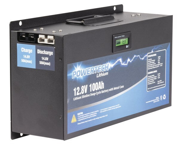 Powertech 12.8V 100Ah Lithium Slimline Deep Cycle Battery with Metal Case