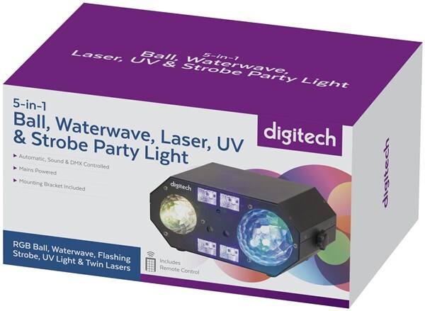 Digitech 5-In-1 Magic Ball Waterwave Red Green Laser UV and Strobe Party Light