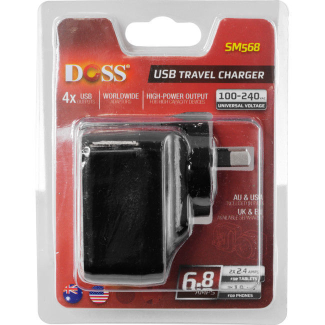 DOSS SM568B 4 Port USB 5V 6.8A Charger Interchageable Travel Adaptor Black