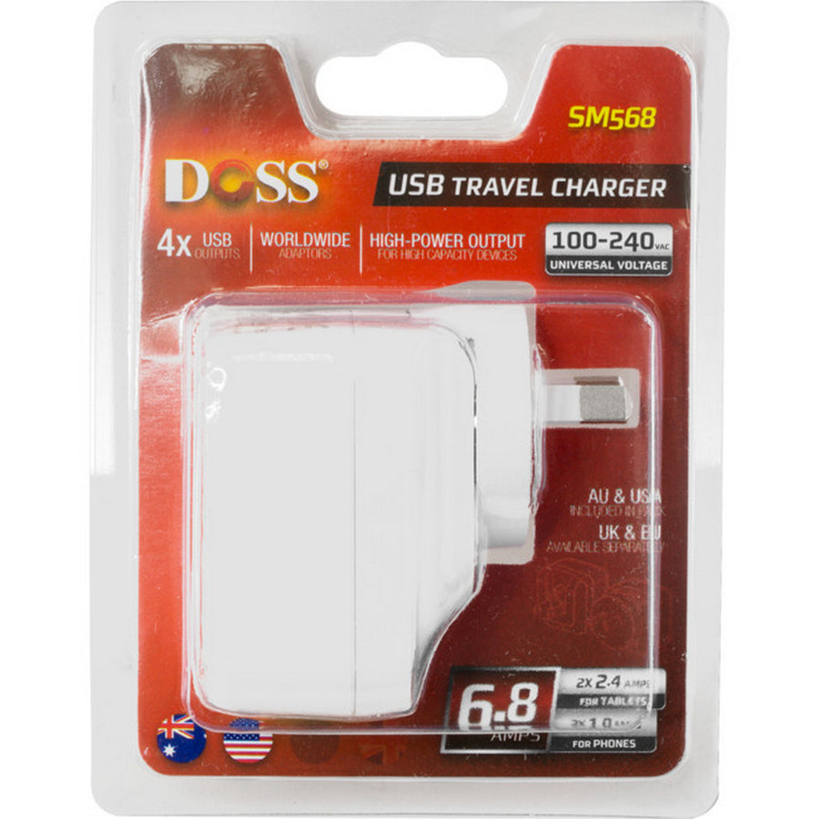 DOSS SM568W 4 Port USB 5V 6.8A Charger Interchangeable Travel Adaptor White