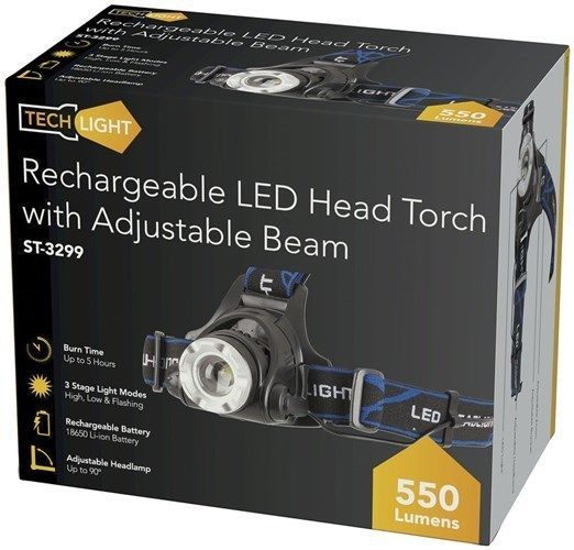 TECHLIGHT Cree XML 550 Lumen Rechargeable Head Torch with Adjustable Beam