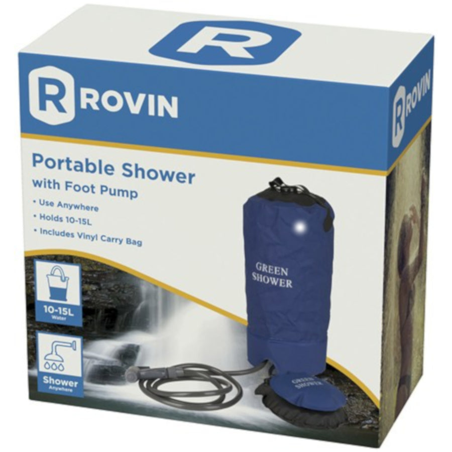 Rovin Portable Shower with Foot Pump Hold 10-15L Inclueds Vinyl Carry Bag