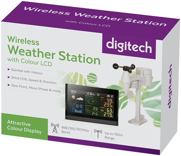 Digitech 150m Remote Sensor Moon Phase Digital Weather Station Color LCD Display