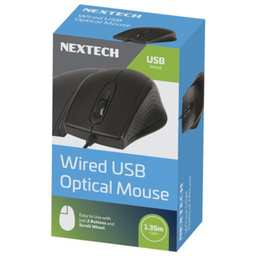 NEXTECH Wired USB 3 Button Optical Mouse 1.35m Cable 1000DPI