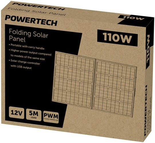 Powertech Folding Solar Panel and Charge Controller 12v 110W 5m Lead for camping