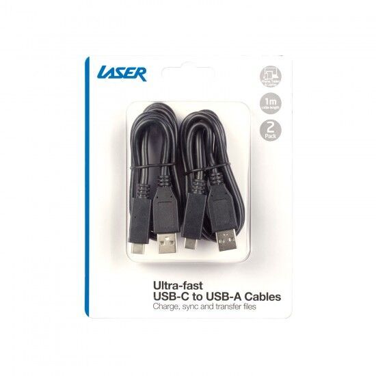 Laser Ultra Fast 1m USB Type C 3.1 to USB Type A 3.1 Cables Black 2 Pack