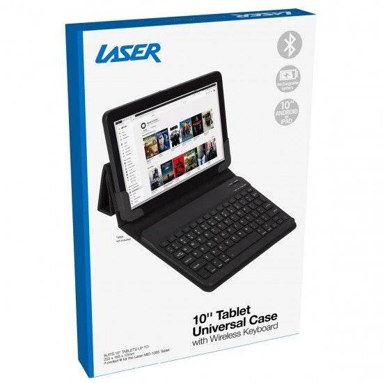 LASER Universal 10 Inch Tablet Case with Wireless Keyboard USB Charging Cable