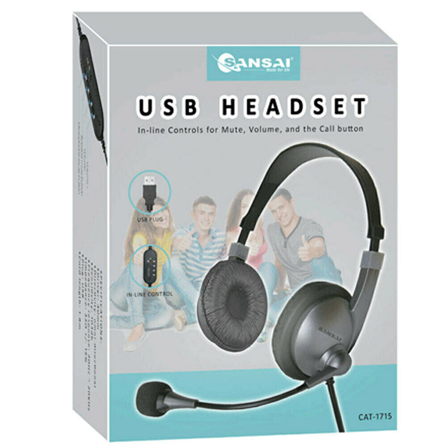 Sansai USB Stereo Headset In-Line Control for Call Mute Volume 1.8m Cord