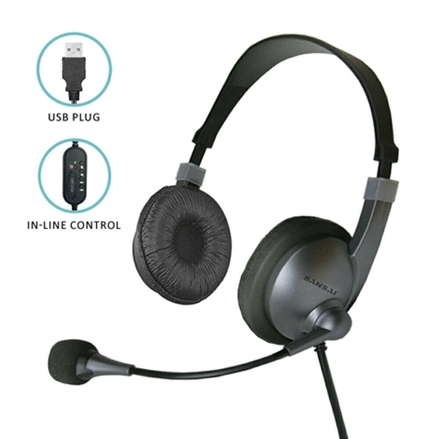 Sansai USB Stereo Headset In-Line Control for Call Mute Volume 1.8m Cord