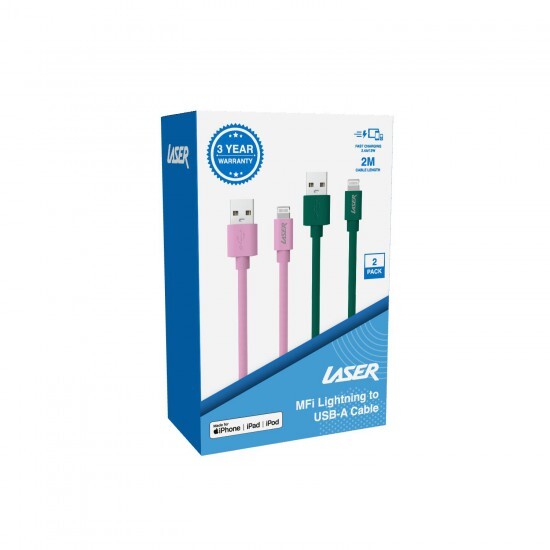 Laser MFi Lightning to USB-A Fast Charging 2m Cable 2 Pack