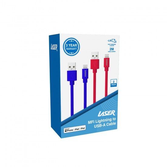 Laser MFi Lightning to USB-A Fast Charging 2m Cable 2 Pack