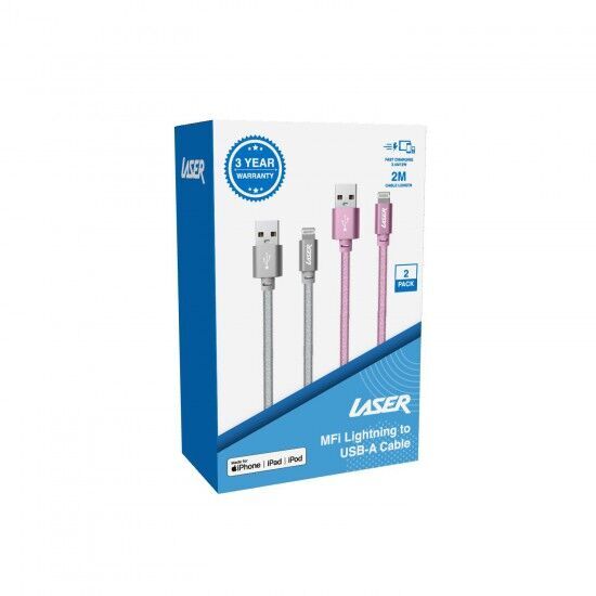 Laser MFi Lightning to USB-A Fast Charging 2m Cable 2 Pack