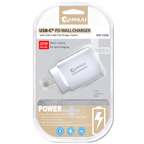 Sansai 20W Wall Rapid Charger Adapter 2Port USBC & USBA PD3.0 & QC3.0