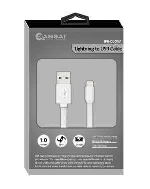 Sansai Lightning USB Flat Cable Connector Apple iPhone or iPad White 1m