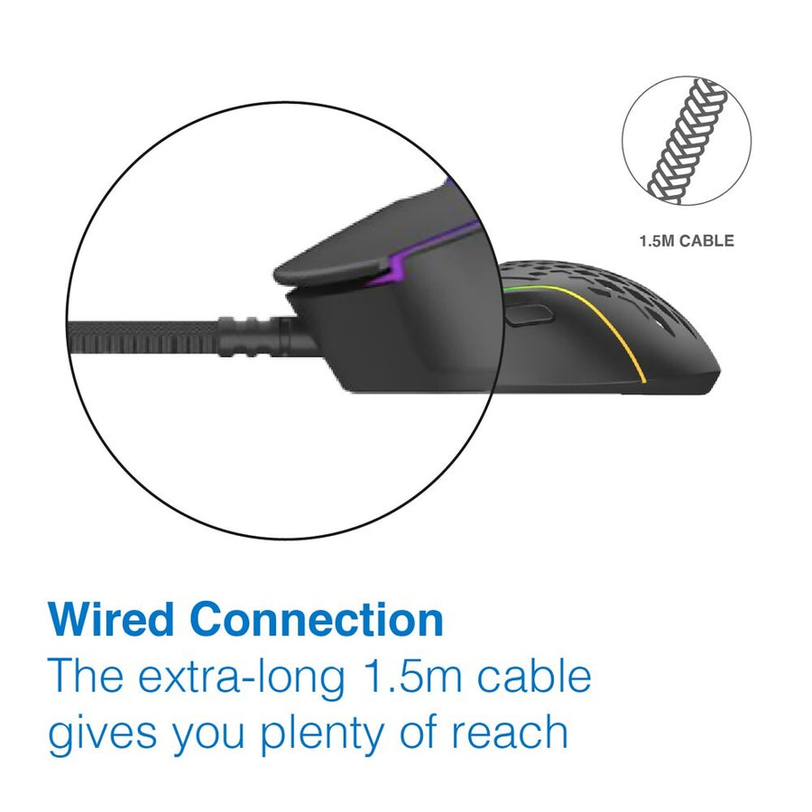 Laser RGB Lighting Mouse Black Wired for Gaming 12800 DPI Settings and 6 Buttons