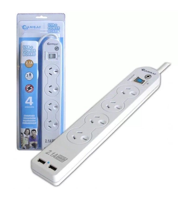 Sansai 4 Way Outlet Surge Protection Powerboard with 2 USB Ports 5V 2.1A