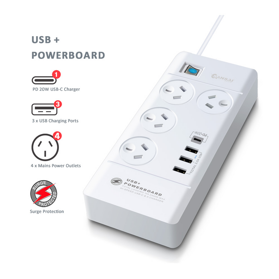 Sansai 4way Power Outlet Surge Protect Power Board Charger Ports USBA & TypeC