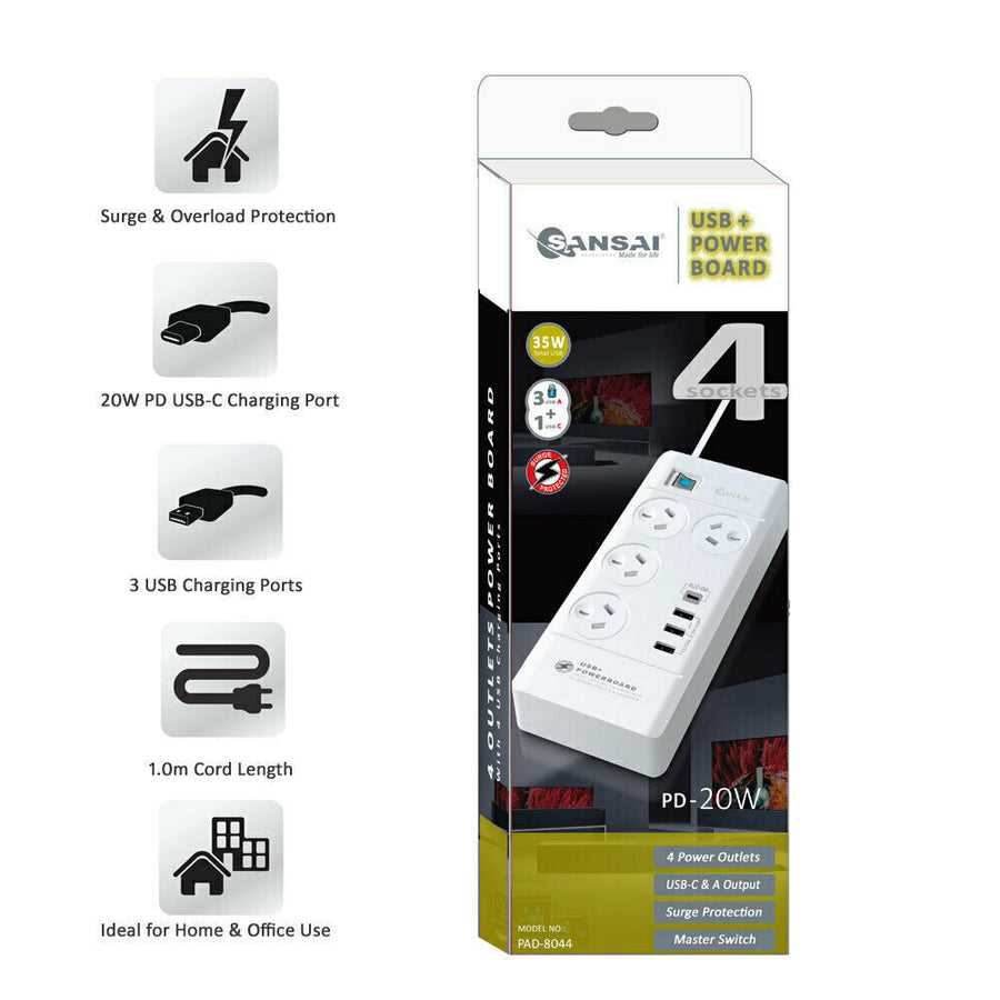 Sansai 4way Power Outlet Surge Protect Power Board Charger Ports USBA & TypeC