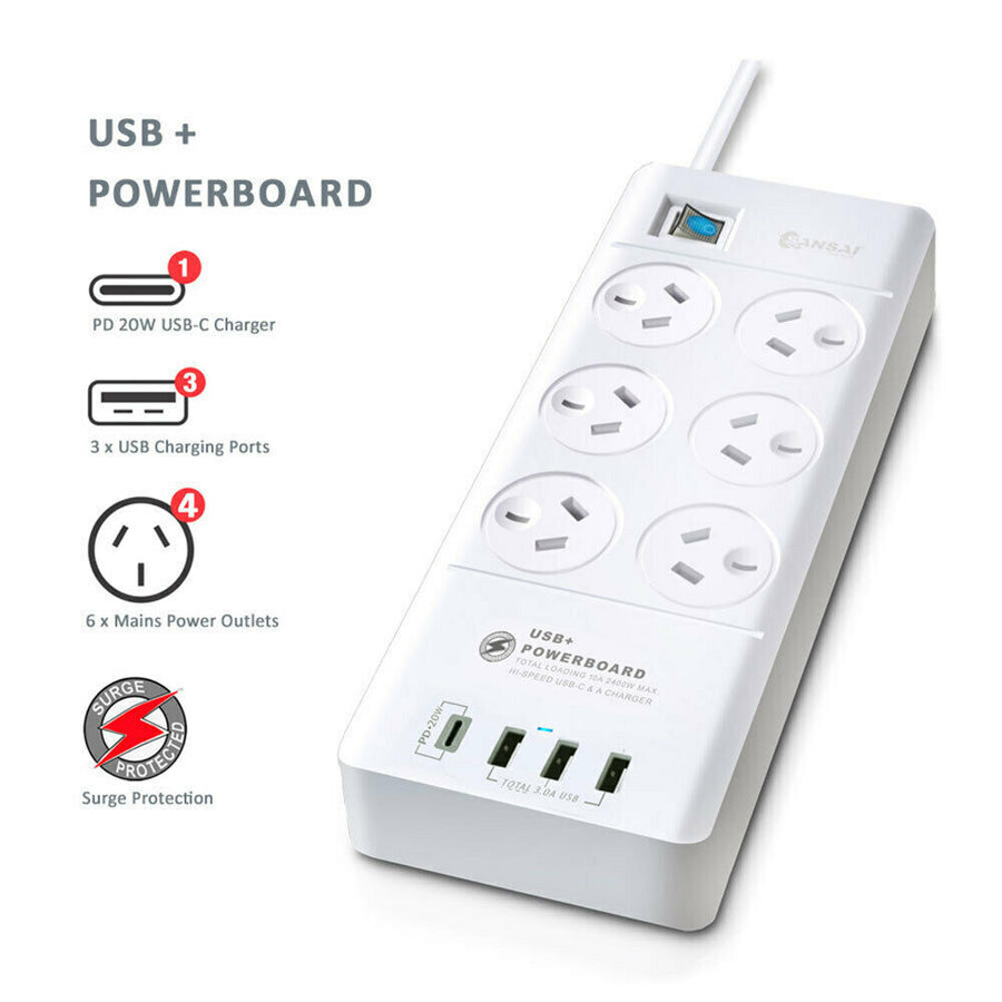 Sansai 6Way Outlet Power Board 2400W Surge Protector USBA & C Ports