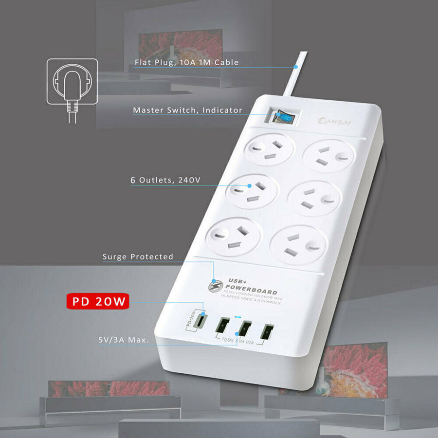 Sansai 6Way Outlet Power Board 2400W Surge Protector USBA & C Ports