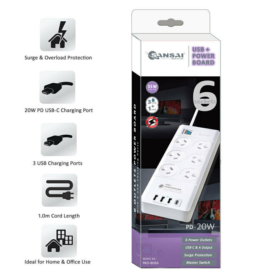 Sansai 6Way Outlet Power Board 2400W Surge Protector USBA & C Ports