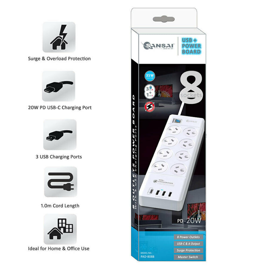 Sansai 8way Power Outlet Surge Protect Power Board Charger Ports USBA & TypeC