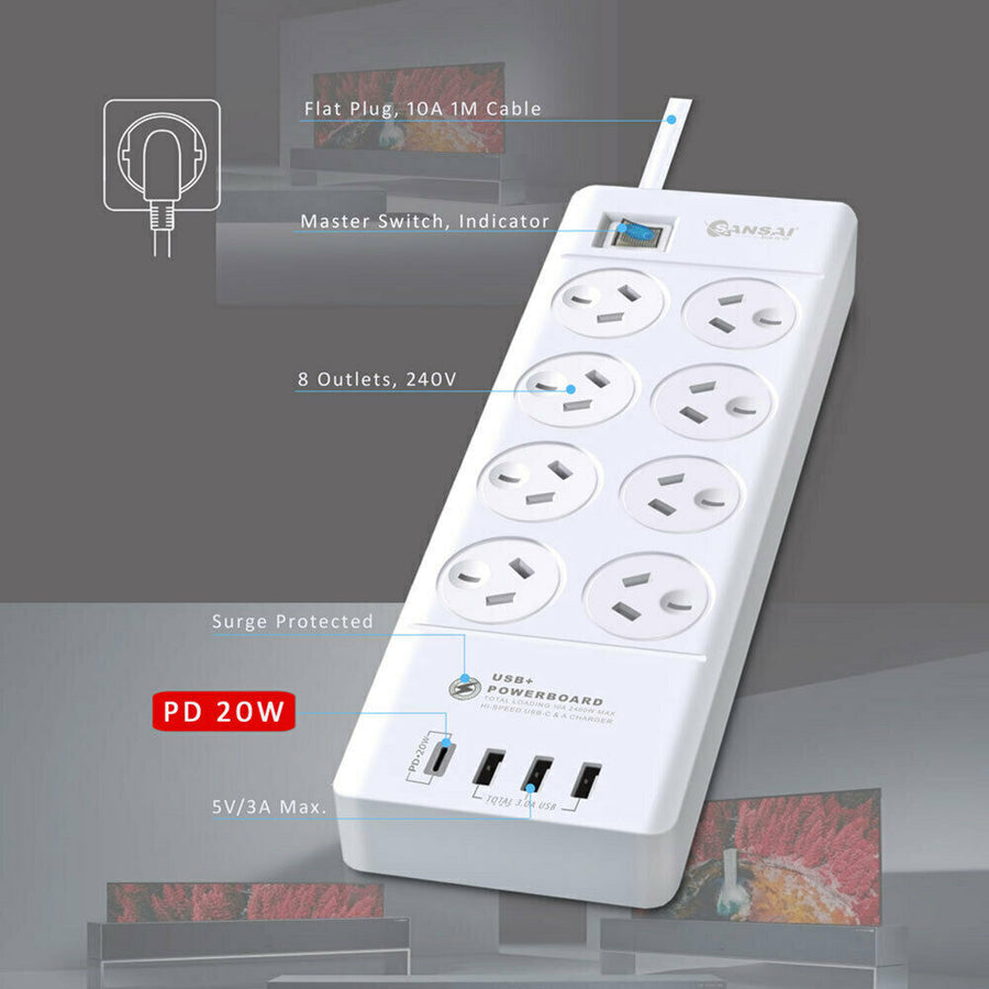 Sansai 8way Power Outlet Surge Protect Power Board Charger Ports USBA & TypeC