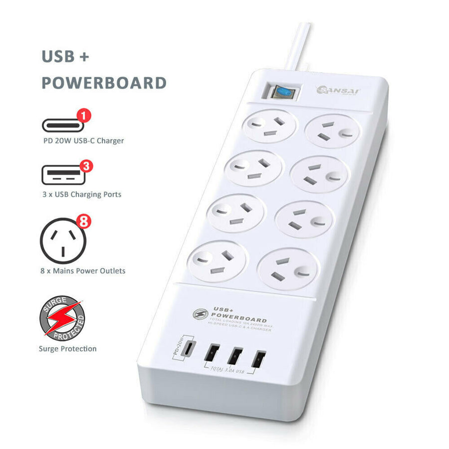 Sansai 8way Power Outlet Surge Protect Power Board Charger Ports USBA & TypeC