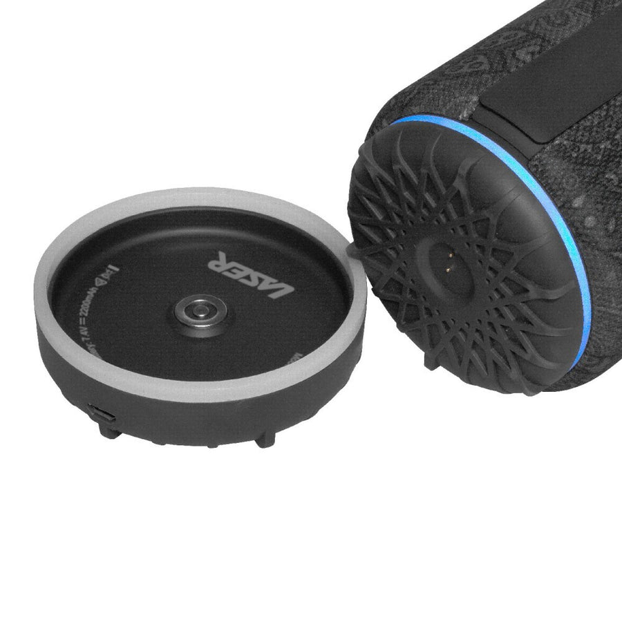 Laser Wireless Bluetooth Fabric Pill Speaker with Charging Base Black