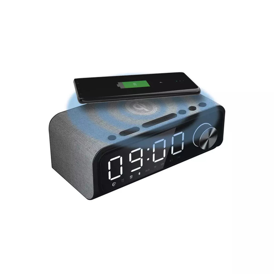 Laser Fabric Qi Wireless Charging Alarm Clock with Bluetooth Speaker Grey Red