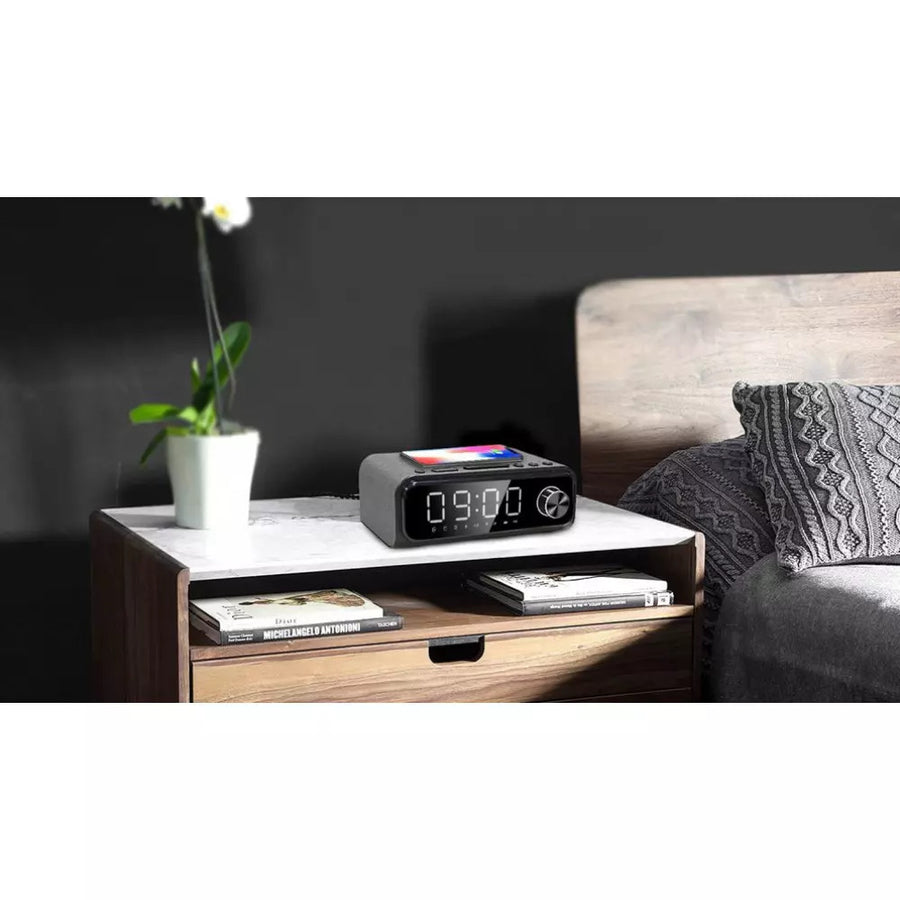 Laser Fabric Qi Wireless Charging Alarm Clock with Bluetooth Speaker Grey Red