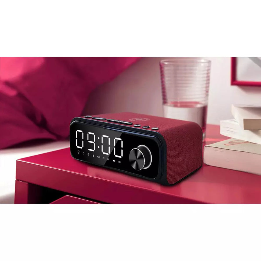 Laser Fabric Qi Wireless Charging Alarm Clock with Bluetooth Speaker Grey Red