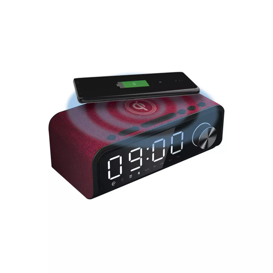 Laser Fabric Qi Wireless Charging Alarm Clock with Bluetooth Speaker Grey Red