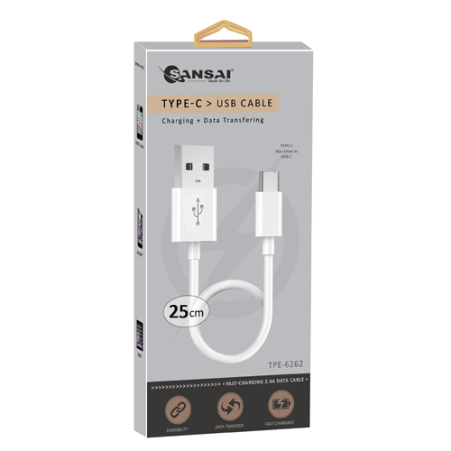 Sansai Type C Connector to USB-A Data Sync Charge Cable 25cm White